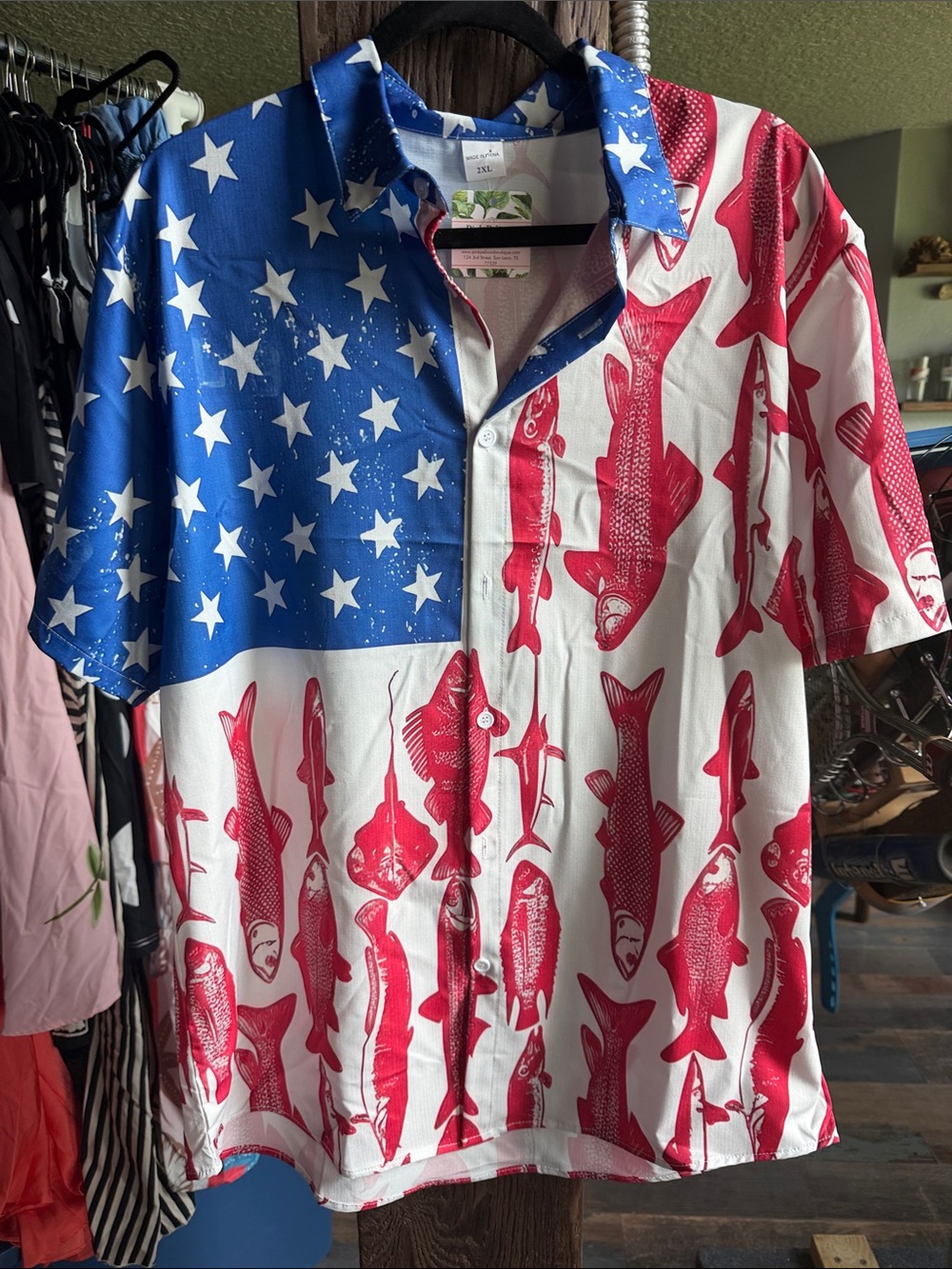 Patriotic Red & Blue Fish Print Short Sleeve Shirt